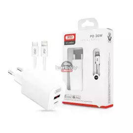 XO hálózati töltő adapter Type-C + USB bemenettel + Type-C - Lightning kábel - 30W - XO L96 Quick Charger Suit PD.3.0, QC3.0 - fehér