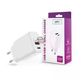 Setty hálózati töltő adapter Type-C + USB bemenettel - 20W - Setty USB/USB-C Wall Charger PD3.0 - fehér