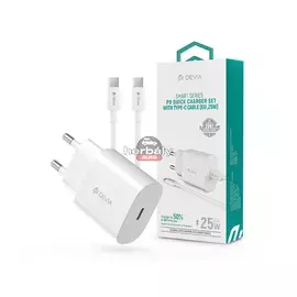 Devia hálózati töltő adapter Type-C bemenettel + Type-C - Type-C adatkábel - 25W - Devia Smart Series PD Quick Charger Set - fehér