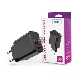 Setty hálózati töltő adapter Type-C + USB bemenettel - 20W - Setty USB/USB-C Wall Charger PD3.0 - fekete