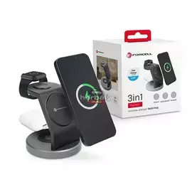 Forcell Qi univerzális vezeték nélküli töltő állomás - 15W - Forcell Solid Magsafe 3in1 Wireless Charger for iPhone + iWatch + AirPods - fekete