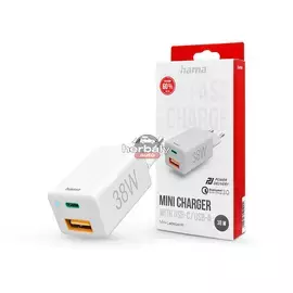 HAMA hálózati töltő adapter Type-C + USB bemenettel - 38W - HAMA Mini Fast Charge PD3.0 + QC3.0 - fehér