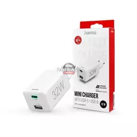 HAMA hálózati töltő adapter Type-C + USB bemenettel - 32W - HAMA Mini Fast Charge PD3.0 + QC3.0 - fehér