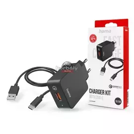 HAMA hálózati töltő adapter USB bemenettel + USB - Type-C kábel - 19.5W - HAMA Charger Kit with USB-C QC3.0 - fekete