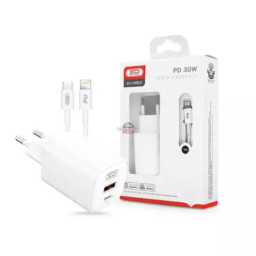 XO hálózati töltő adapter Type-C + USB bemenettel + Type-C - Lightning kábel - 30W - XO L96 Quick Charger Suit PD.3.0, QC3.0 - fehér