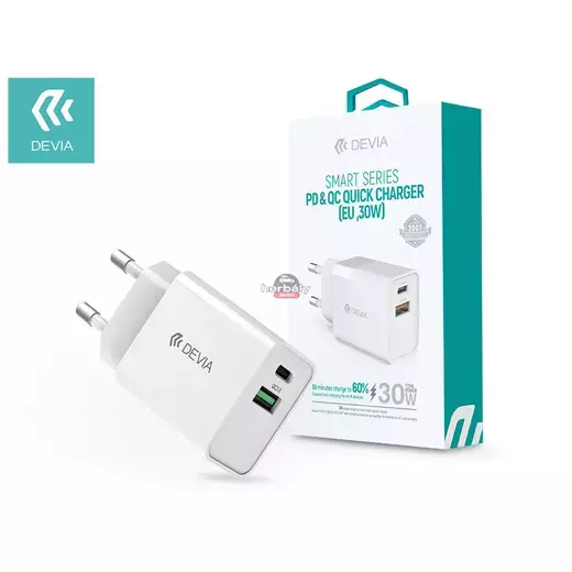 Devia hálózati töltő adapter Type-C + USB bemenettel - 30W - Devia Smart Series PD3.0 + QC3.0 Quick Charger - fehér