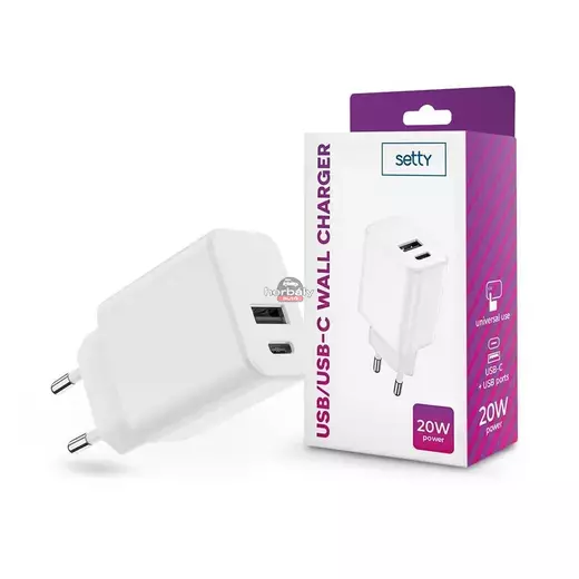 Setty hálózati töltő adapter Type-C + USB bemenettel - 20W - Setty USB/USB-C Wall Charger PD3.0 - fehér