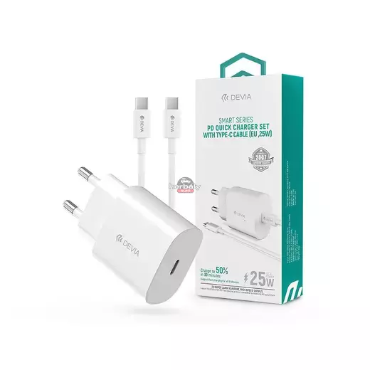 Devia hálózati töltő adapter Type-C bemenettel + Type-C - Type-C adatkábel - 25W - Devia Smart Series PD Quick Charger Set - fehér