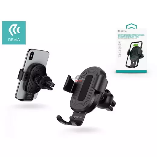Devia szellőzőrácsba illeszthető vezeték nélküli autós töltő/tartó - 5V/2A - Devia Sensor Car Air Vent Wireless Charger Phone Holder - 10W - Qi szabványos - fekete