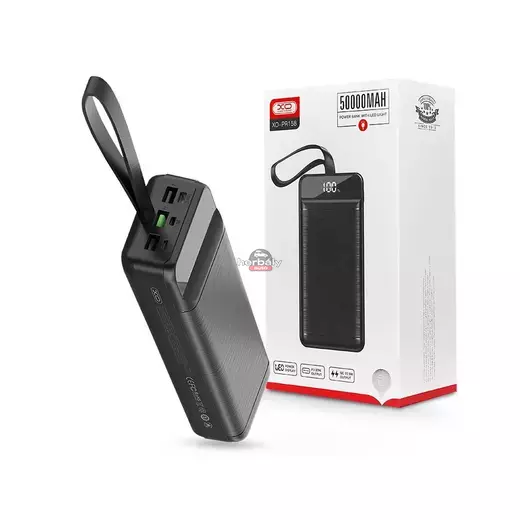 XO univerzális hordozható, asztali akkumulátor töltő - 50.000 mAh - XO PR158 Power Bank - 3xUSB + microUSB + Type-C + Lightning - QC 22.5W TYP-C - PD 20W AFC FCP - fekete