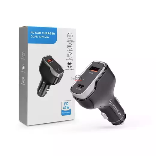Quad szivargyújtó töltő adapter USB + Type-C bemenettel - 83W - Quad CC53-1A1C Car Charger PD 65W + QC 3.0 - fekete
