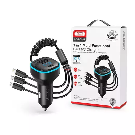 XO Bluetooth FM-transmitter/szivargyújtó töltő - USB + Type-C + MP3/FLAC/APE + Pendrive/TF-kártyaolvasó - XO BCC07 3in1 Car Charger - fekete