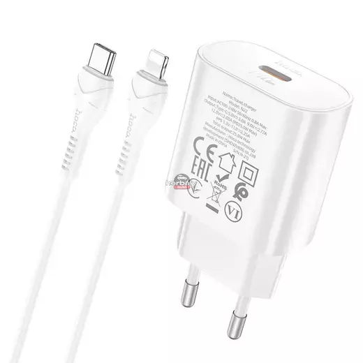 HOCO hálózati töltő adapter Type-C bemenettel + 1 m-es Type-C - Lightning kábel - 25W - HOCO N22 Charger Set PD + QC - fehér