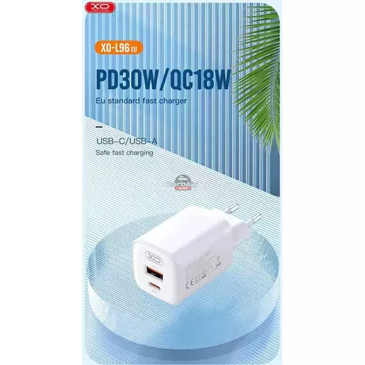XO hálózati töltő adapter Type-C + USB bemenettel + Type-C - Lightning kábel - 30W - XO L96 Quick Charger Suit PD.3.0, QC3.0 - fehér
