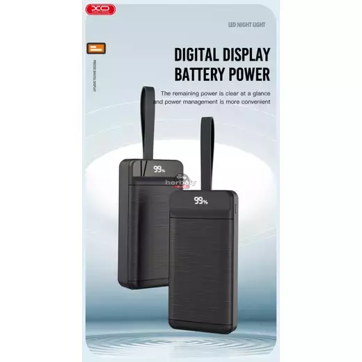 XO univerzális hordozható, asztali akkumulátor töltő - 50.000 mAh - XO PR158 Power Bank - 3xUSB + microUSB + Type-C + Lightning - QC 22.5W TYP-C - PD 20W AFC FCP - fekete