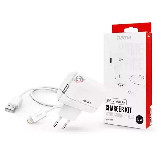 HAMA hálózati töltő adapter USB bemenettel + USB - Lightning kábel - 12W - HAMA Charger Kit with Lightning Plus - fehér
