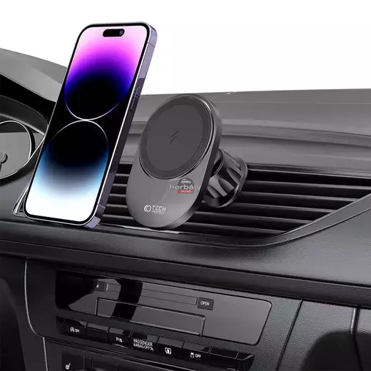 Tech-Protect Qi vezeték nélküli, szellőzőrácsba illeszthető/műszerfalra szerelhető autós tartó/gyorstöltő MagSafe vezeték nélküli funkcióval - Tech-Protect MM15W-V1 - fekete