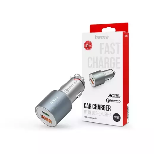HAMA szivargyújtó töltő adapter USB + Type-C bemenettel - 38W - HAMA Charger Kitwith USB-C/USB-A PD3.0 + QC3.0 - szürke