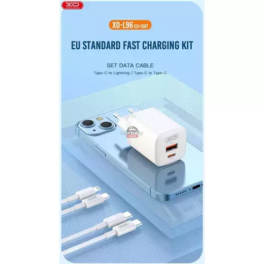 XO hálózati töltő adapter Type-C + USB bemenettel + Type-C - Lightning kábel - 30W - XO L96 Quick Charger Suit PD.3.0, QC3.0 - fehér