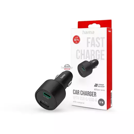 HAMA szivargyújtó töltő adapter USB + Type-C bemenettel - 32W - HAMA Charger Kitwith USB-C/USB-A PD3.0 + QC3.0 - fekete HAMA szivargyújtó töltő adapter USB + Type-C bemenettel - 32W - HAMA Charger Kitwith USB-C/USB-A PD3.0 + QC3.0 - fekete