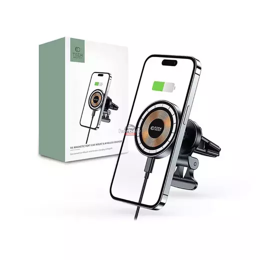 Tech-Protect Qi vezeték nélküli, szellőzőrácsba illeszthető autós tartó/gyorstöltő MagSafe vezeték nélküli funkcióval - Tech-Protect MM15W-V5 - fekete