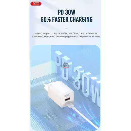 XO hálózati töltő adapter Type-C + USB bemenettel + Type-C - Lightning kábel - 30W - XO L96 Quick Charger Suit PD.3.0, QC3.0 - fehér