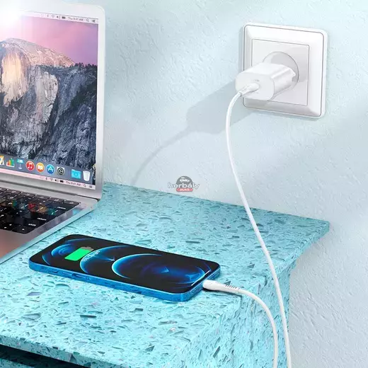 HOCO hálózati töltő adapter Type-C bemenettel + 1 m-es Type-C - Lightning kábel - 25W - HOCO N22 Charger Set PD + QC - fehér