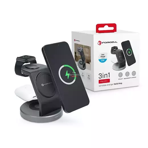 Forcell Qi univerzális vezeték nélküli töltő állomás - 15W - Forcell Solid Magsafe 3in1 Wireless Charger for iPhone + iWatch + AirPods - fekete