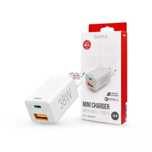 HAMA hálózati töltő adapter Type-C + USB bemenettel - 38W - HAMA Mini Fast Charge PD3.0 + QC3.0 - fehér