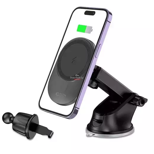 Tech-Protect Qi vezeték nélküli, szellőzőrácsba illeszthető/műszerfalra szerelhető autós tartó/gyorstöltő MagSafe vezeték nélküli funkcióval - Tech-Protect MM15W-V1 - fekete