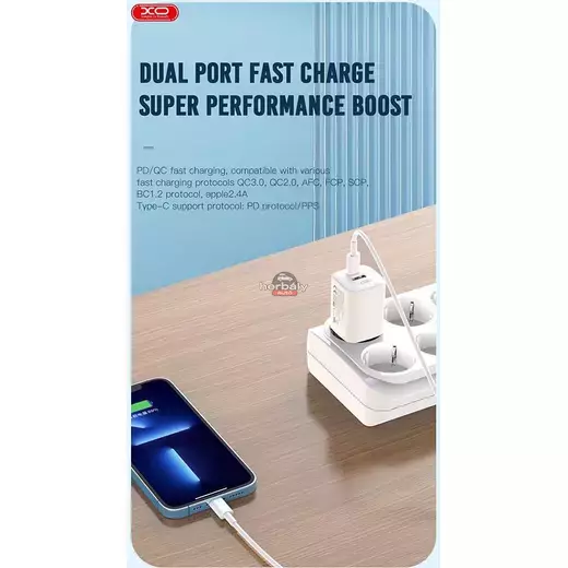 XO hálózati töltő adapter Type-C + USB bemenettel + Type-C - Lightning kábel - 30W - XO L96 Quick Charger Suit PD.3.0, QC3.0 - fehér