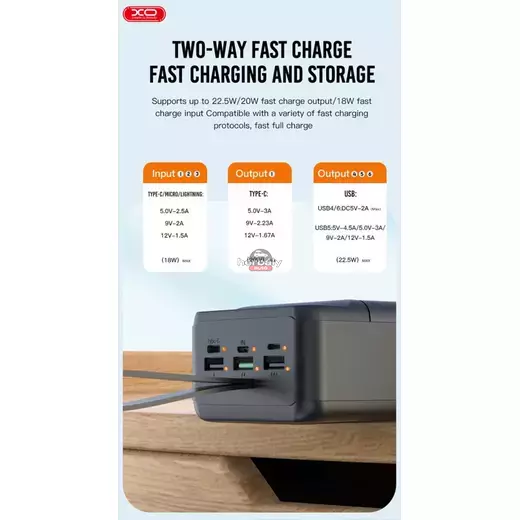 XO univerzális hordozható, asztali akkumulátor töltő - 50.000 mAh - XO PR158 Power Bank - 3xUSB + microUSB + Type-C + Lightning - QC 22.5W TYP-C - PD 20W AFC FCP - fekete
