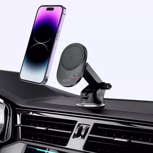 Tech-Protect Qi vezeték nélküli, szellőzőrácsba illeszthető/műszerfalra szerelhető autós tartó/gyorstöltő MagSafe vezeték nélküli funkcióval - Tech-Protect MM15W-V1 - fekete