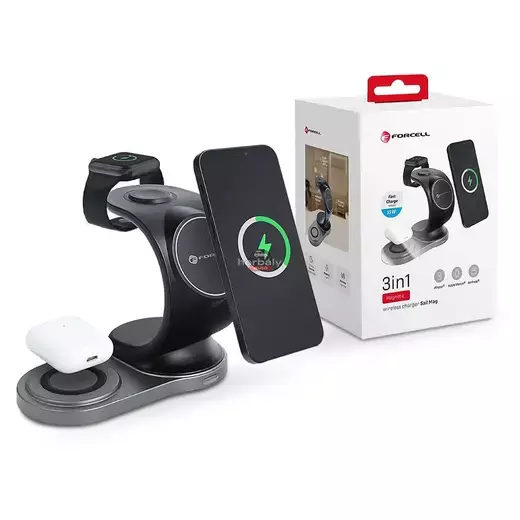 Forcell Qi univerzális vezeték nélküli töltő állomás - 15W - Forcell Sail Magsafe 3in1 Wireless Charger for iPhone + iWatch + AirPods - fekete