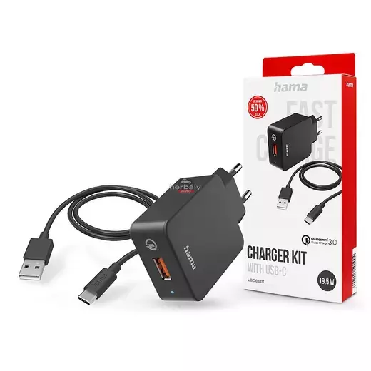 HAMA hálózati töltő adapter USB bemenettel + USB - Type-C kábel - 19.5W - HAMA Charger Kit with USB-C QC3.0 - fekete