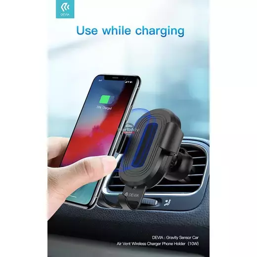 Devia szellőzőrácsba illeszthető vezeték nélküli autós töltő/tartó - 5V/2A - Devia Sensor Car Air Vent Wireless Charger Phone Holder - 10W - Qi szabványos - fekete