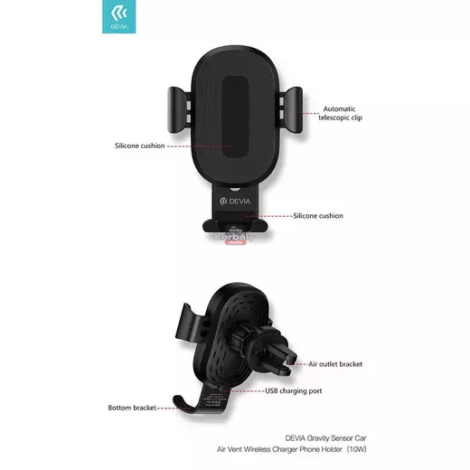 Devia szellőzőrácsba illeszthető vezeték nélküli autós töltő/tartó - 5V/2A - Devia Sensor Car Air Vent Wireless Charger Phone Holder - 10W - Qi szabványos - fekete