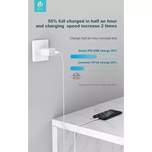 Devia hálózati töltő adapter Type-C bemenettel - 20W - Devia Smart Series PD3.0 Quick Charger - fehér