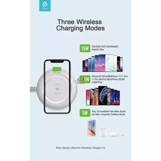 Devia Qi univerzális vezeték nélküli töltő állomás - 15W - Devia Allen Series V3Ultra-Thin Wireless Charger - fehér