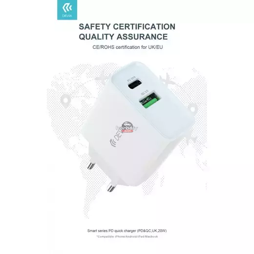Devia hálózati töltő adapter Type-C + USB bemenettel - 20W - Devia Smart Series PD3.0 + QC3.0 - Qualcomm Quick Charge 3.0 - fehér