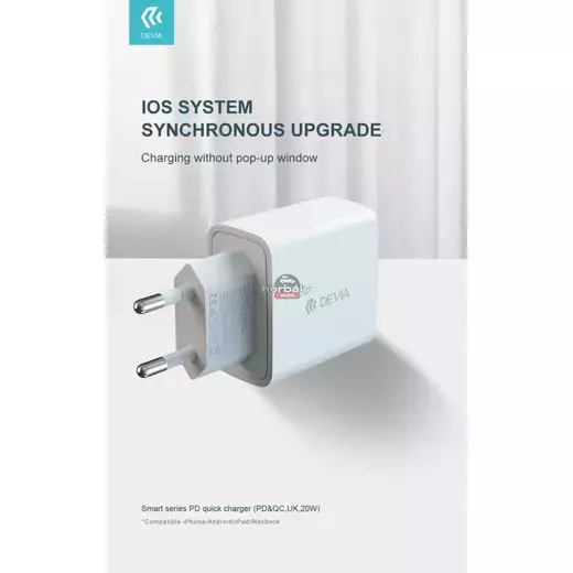 Devia hálózati töltő adapter Type-C + USB bemenettel - 20W - Devia Smart Series PD3.0 + QC3.0 - Qualcomm Quick Charge 3.0 - fehér