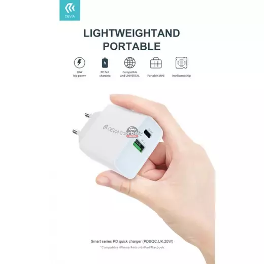 Devia hálózati töltő adapter Type-C + USB bemenettel - 20W - Devia Smart Series PD3.0 + QC3.0 - Qualcomm Quick Charge 3.0 - fehér