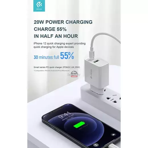 Devia hálózati töltő adapter Type-C + USB bemenettel - 20W - Devia Smart Series PD3.0 + QC3.0 - Qualcomm Quick Charge 3.0 - fehér