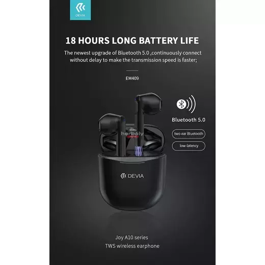 Devia TWS Bluetooth sztereó headset v5.0 + töltőtok - Devia Joy A10 Series True Wireless Earphones with Charging Case - fekete