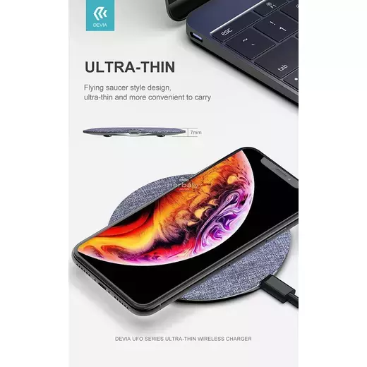 Devia Qi univerzális vezeték nélküli töltő állomás - 15W - Devia UFO Series Ultra Thin Wireless Charger - szürke