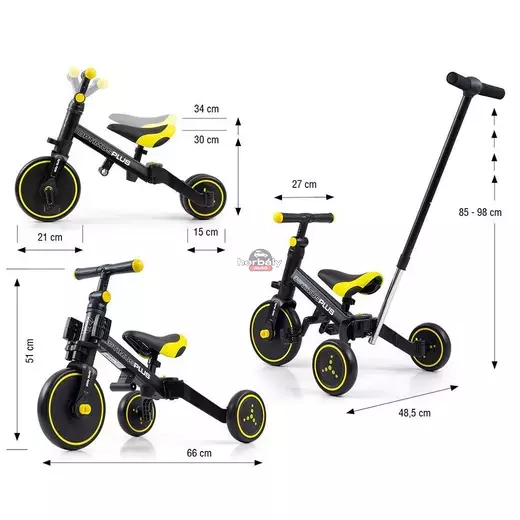 Gyerek háromkerekű bicikli 4az1-ben Milly Mally Optimus Plus tolókarral black