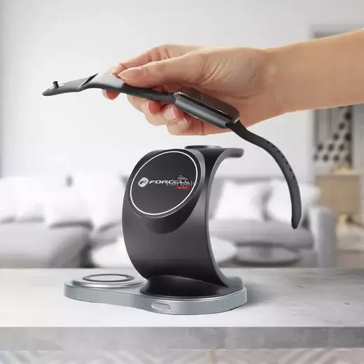 Forcell Qi univerzális vezeték nélküli töltő állomás - 15W - Forcell Sail Magsafe 3in1 Wireless Charger for iPhone + iWatch + AirPods - fekete