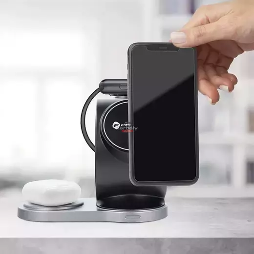Forcell Qi univerzális vezeték nélküli töltő állomás - 15W - Forcell Sail Magsafe 3in1 Wireless Charger for iPhone + iWatch + AirPods - fekete