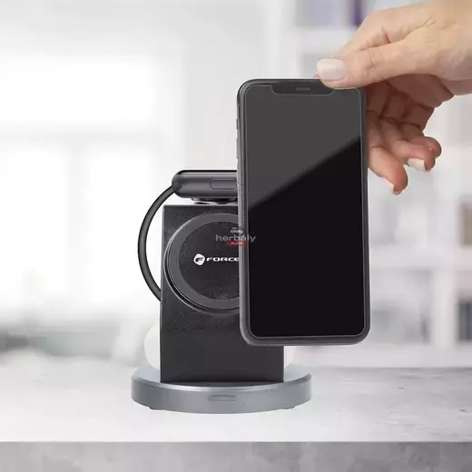 Forcell Qi univerzális vezeték nélküli töltő állomás - 15W - Forcell Solid Magsafe 3in1 Wireless Charger for iPhone + iWatch + AirPods - fekete