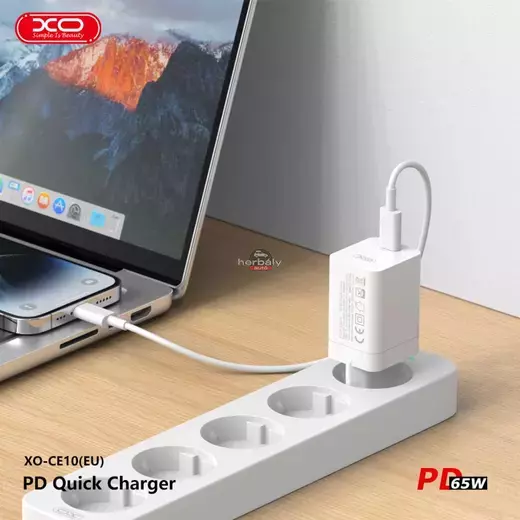 XO GaN hálózati töltő adapter Type-C bemenettel - 65W - XO CE10 PD3.0 + QC3.0 Car Charger - fehér